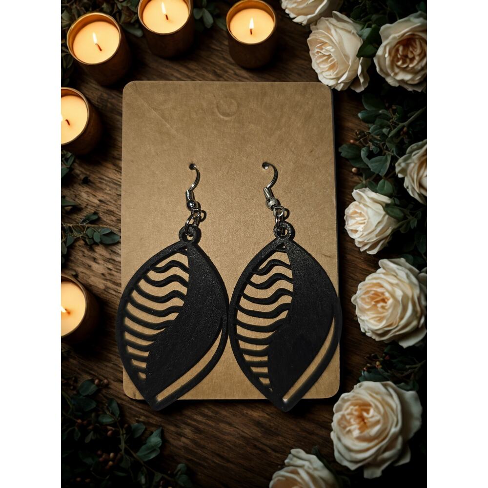 Wooden Laser Cut handmade earrings tear drop painted black filagree boho style